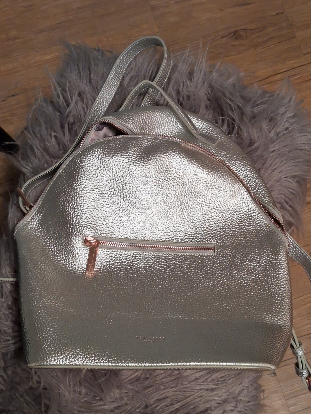 Ted Baker London Metallic Silver Backpack with Rose Gold Accents